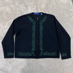 Vintage Karen Scott Black Wool Christmas Cardigan Women's XL Full‎ Zip Australia